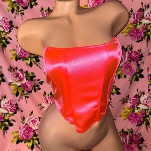 Strapless Shiny Neon Pink Satin Corset Top